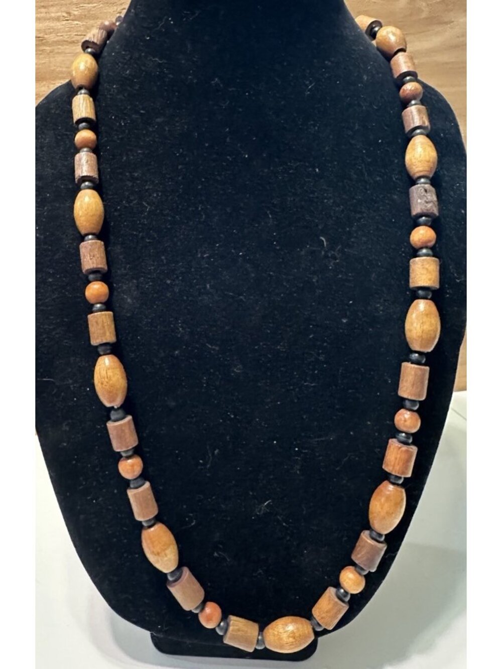 Vintage Wood Beaded Necklace Boho Natural Earth Tones